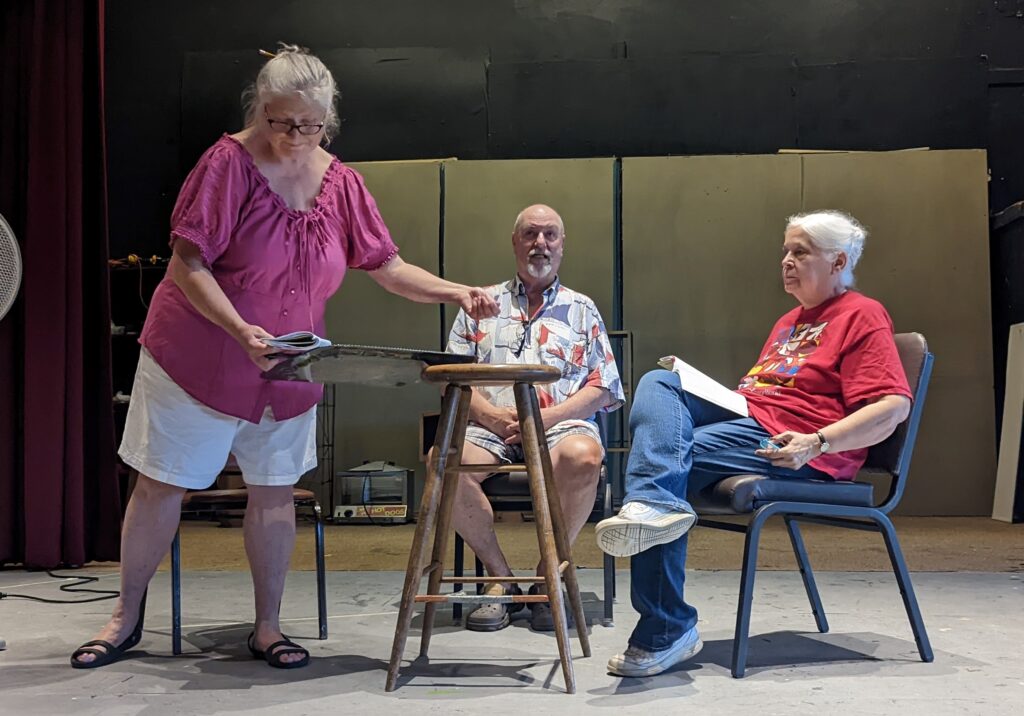 A dinner party at a rehearsal of Gaslight Theater’s “The Whales of August”
Pictured left to right are cast members Margaret Matheson (as Sarah), William Haley (as Mr.
Maranov) and Linda Duarte (as Libby).
Photo credit: Joseph Maranda